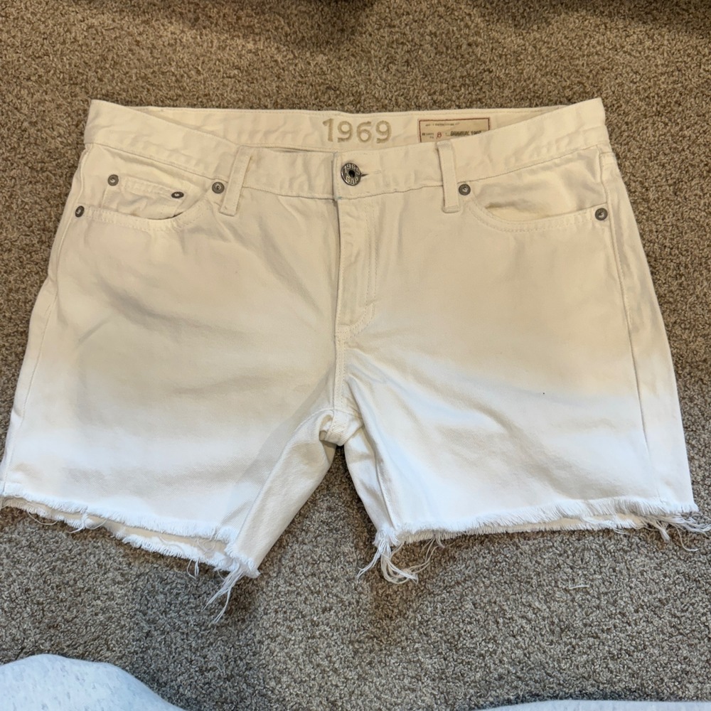 Gap 1969 White Denim Frayed Hem Shorts Womens Size 8 Original Mid Rise